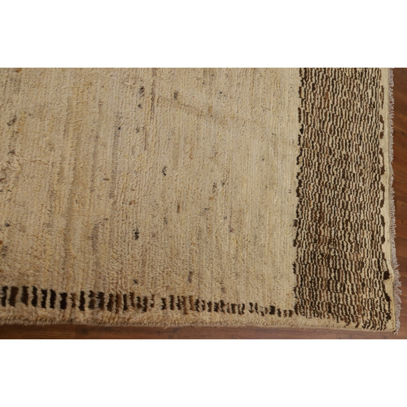 Tapis beige / noir en laine noué à la main de conception unique 9 pi 4 po x 11 pi 9 po New Age