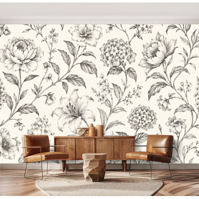 Papier peint auto-adhésif Fleurs d'été automnales sans soudure Gravure de style Noir blanc Papier autocollant amovible pour décoration de salon Chambre à coucher H 69 po x l 96 po