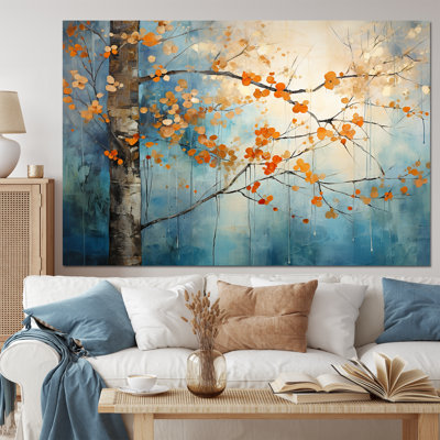 Orange, bleu sarcelle, érable, incandescent II - art floral sur toile