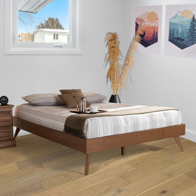 Mid-Century Modern Walnut Brown Full Platform Bed with Tufted Upholstery