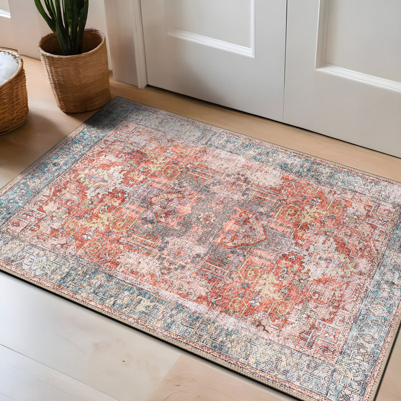 Tapis oriental lavable à la machine rouge / bleu Labarbera, Rectangulaire 2 pi x 3 pi