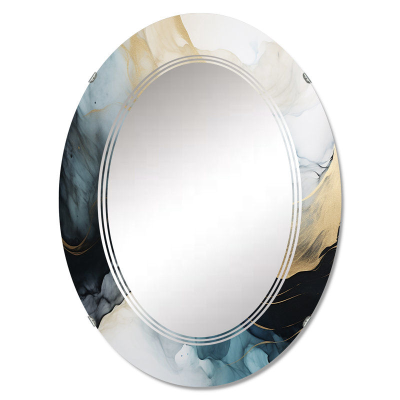 Subtil Sensations Nova bleu et or aquarelle I - Miroir mural moderne ovale, 36 po x 24 po