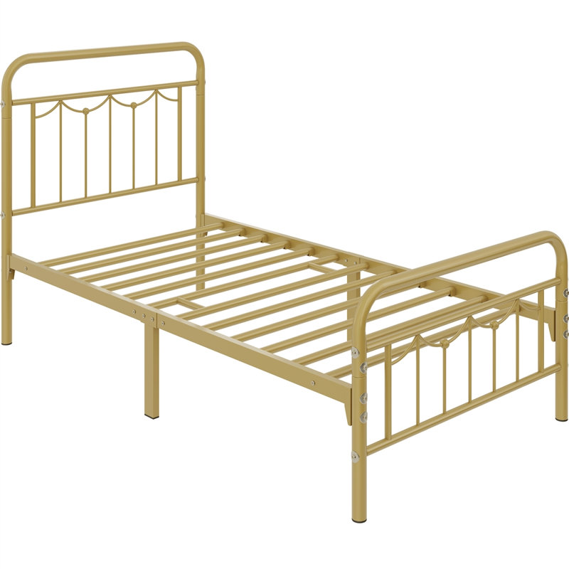 Antique Gold Twin Metal Bed Frame with Headboard and Slats
