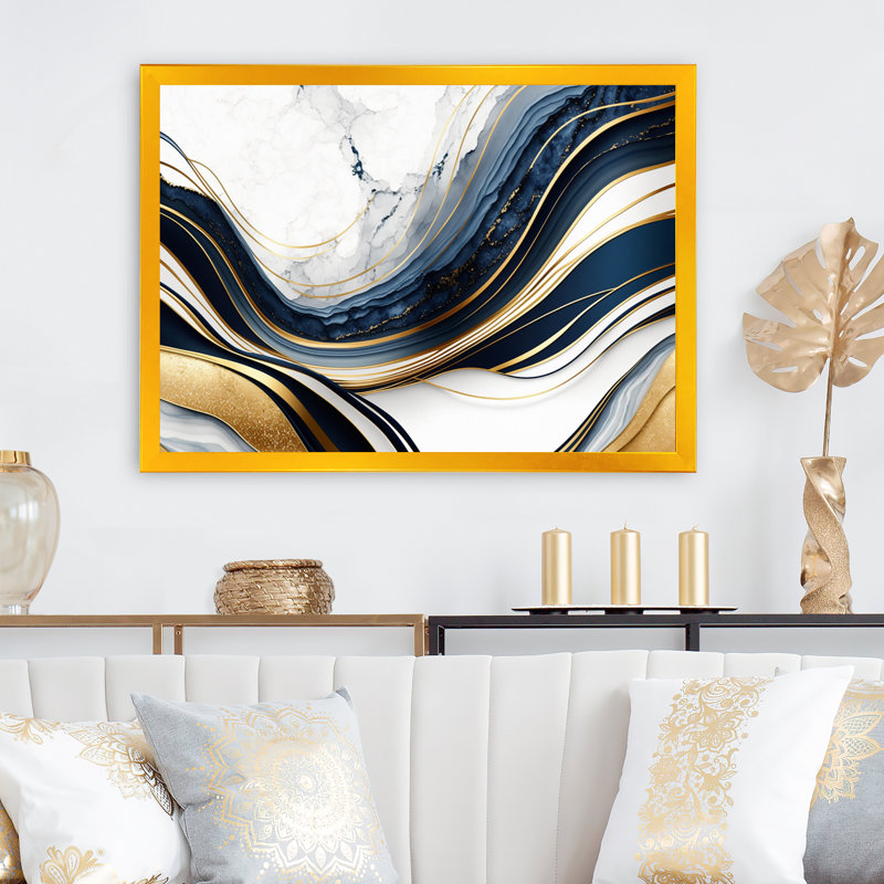 «Abstract Geode Waves Blue and Gold III», reproduction sur toile abstraite, Cadre doré simple, H 30 po x l 40 po x P 1,5 po