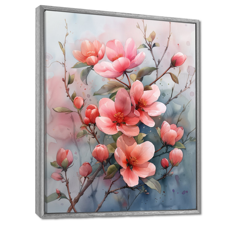  «Pink Grey Tender Bloom Apple Blossom I - Art mural fleur de pommier, Encadrement argenté, H 30 po x l 40 po