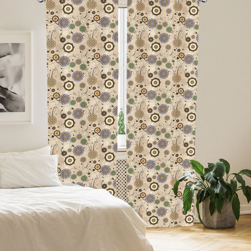 Beige Floral Polyester Rod Pocket Curtain Panels, 28" x 63" Set of 2