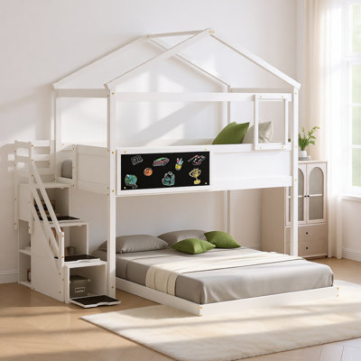 Twin over Full House Bunk Bed with Storage Staircase and Blackboard, Solid Wood Frame by Ophelia & Co.