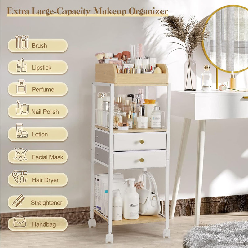 White and Wood Floor Makeup Organizer with Drawers