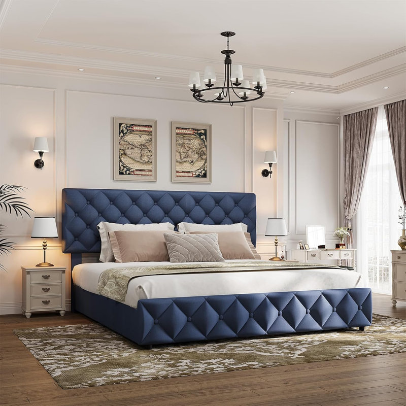 Structure de lit double tapissier avec 4 tiroirs, tête de lit ajustable en lin, bleu