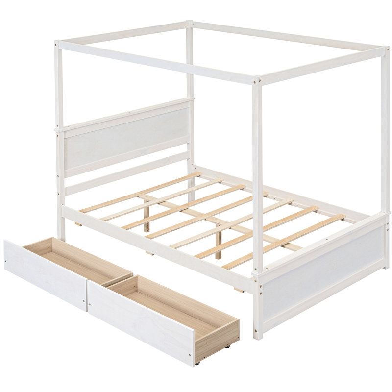 Lit à baldaquin avec compartiments supplémentaires, aucun sommier nécessaire, blanc brossé, lit au design moderne de L 79,5 po x l 56,9 po, tiroirs peu encombrants, en bois de pin massif