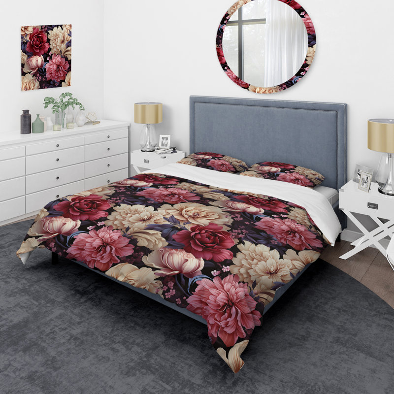Boho Victorian Romance Victorian Pattern Polyester Floral Duvet Cover Set, King Duvet Cover + 2 King Shams