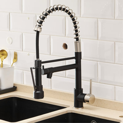 Robinet d'évier de cuisine à poignée simple avec douchette rétractable, matériau laiton, noir mat pour éviers, rotation à 360 degrés