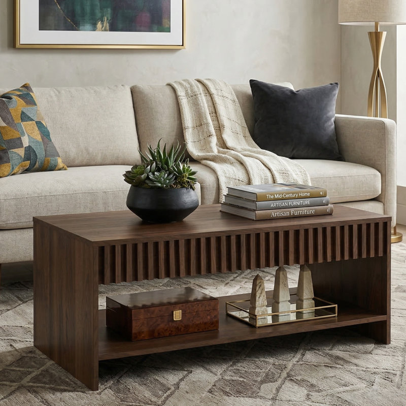 Abdel 39.4" W Mid Century Modern Rectangular Coffee Table, Walnut