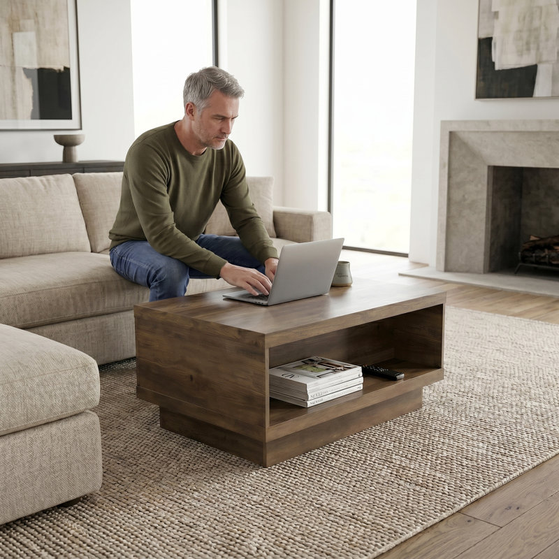 Caomhan 31.3" Modern Storage Coffee Table With Drawer, Knotty Oak