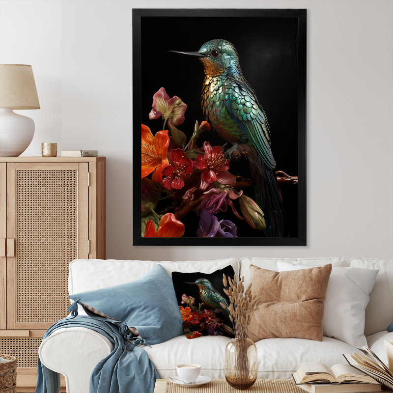 Neotropical Hummingbird - Hummingbird Animal, art mural, H 44 po x l 34 po x P 1,5 po, Cadre simple noir