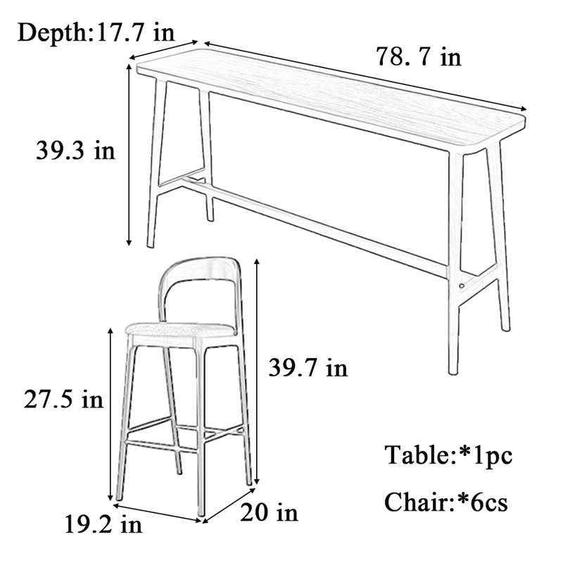 Tables et chaises de bar décontractées en bois massif, H 39,3 po x L 78,8 po x l 17,7 po, 7