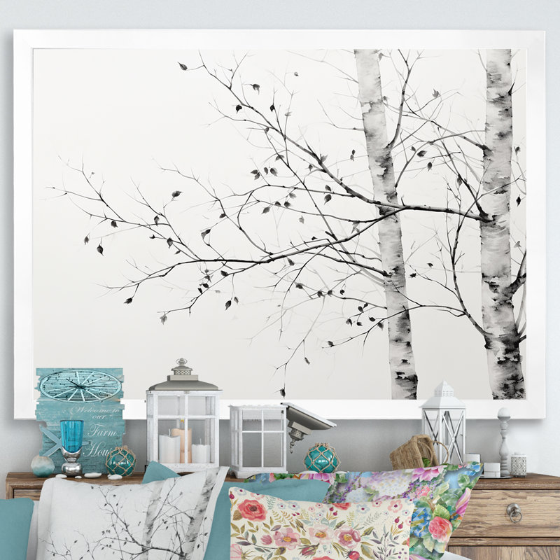 Arbre gris minimalisme bouleau II sur toile, H 16 po x l 32 po x P 1 po, Cadre photo blanc