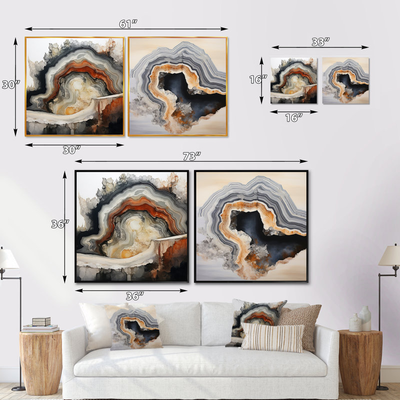 2 Pieces - Stone Geode Scenery Minimalism, Brown Framed, 36" H x 73" W