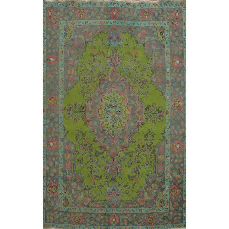 Tapis traditionnel vert en laine à motif médaillon 6 x 10