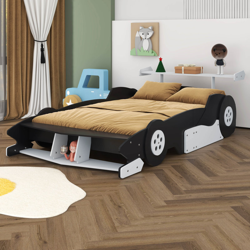 Lit plateforme en forme de voiture de course avec roues, Double, Noir