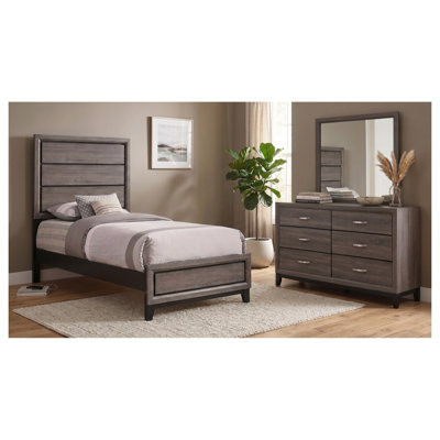 Ensemble de chambre à coucher Sutter Grey Oak Twin 3 pièces avec lit, commode et miroir