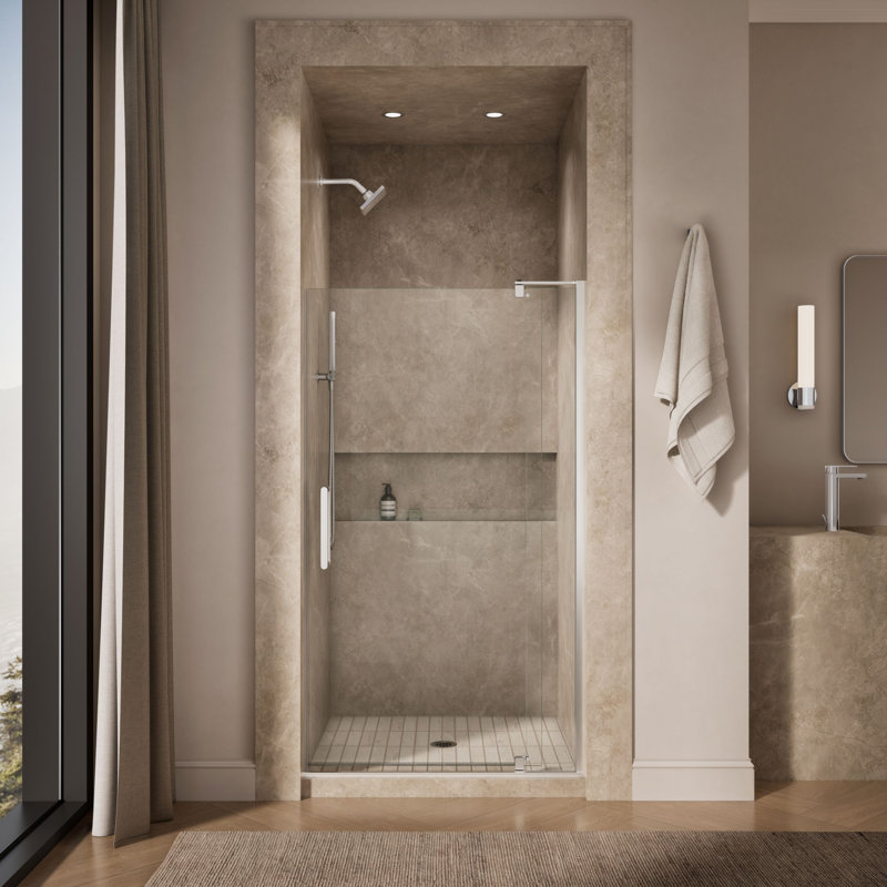 Revel 44'' x 70'' Pivot Shower Door with CleanCoat Technology, Bright Polished Silver, Crystal Clear