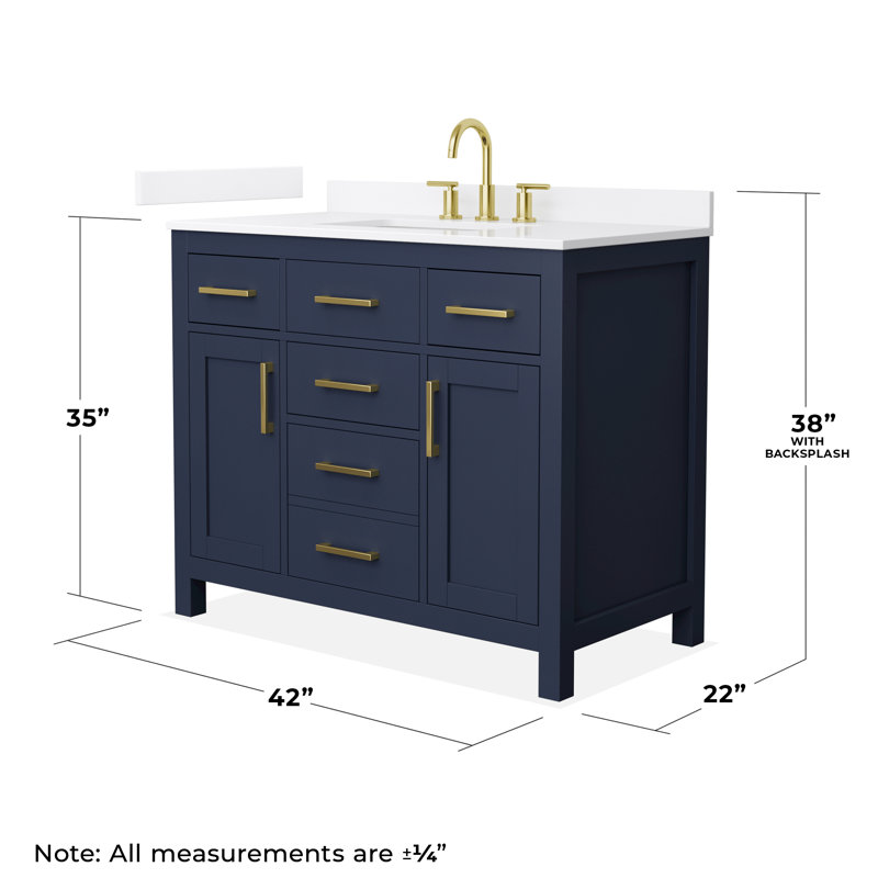 Beckett 42" Freestanding Single Bathroom Vanity with Quartz Top, Brushed Gold, Dark Blue, White Quartz