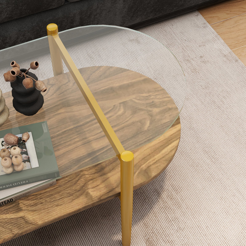 Table basse à deux couches de conception ovale pour espace de vie principal, 41 po x 21 po x 17 po, style contemporain, verre transparent et bord arrondi avec rangement ouvert, 41 po de longueur, pièce moderne, trempé