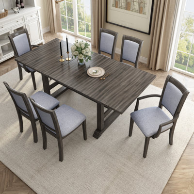 7-Piece Updated 76.9Inch Extendable Trestle Dining Table Set With Removable Leaf, Kitchen Table Set With Upholstered Side Chair And Arm Chair, Set Of -  Lark Manorâ¢, E4FBA9B2B2F445989C89F1A400E7CFB1