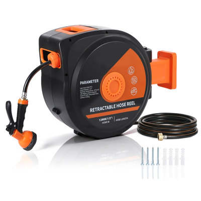 Retractable Garden Hose Reel, 1/2 In x 130 Ft with 10-Function Sprayer Nozzle, Any Length Lock, Automatic Rewind and Slow Return System, Wall-Mounted with 180-Degree Swivel Bracket