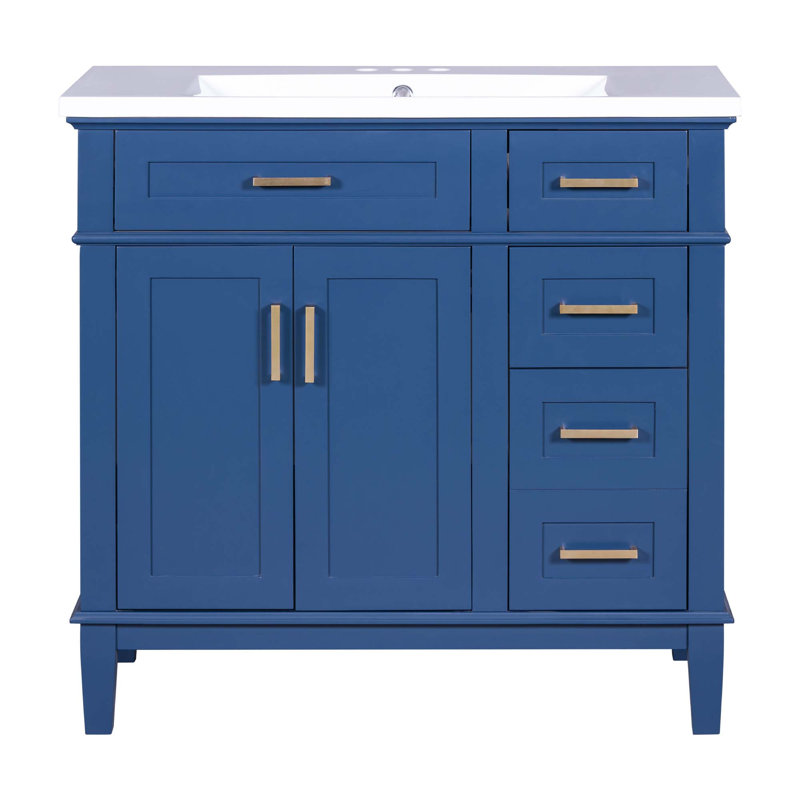 Meuble-lavabo moderne avec lavabo en résine, 2 portes à fermeture douce et 4 tiroirs, Bleu