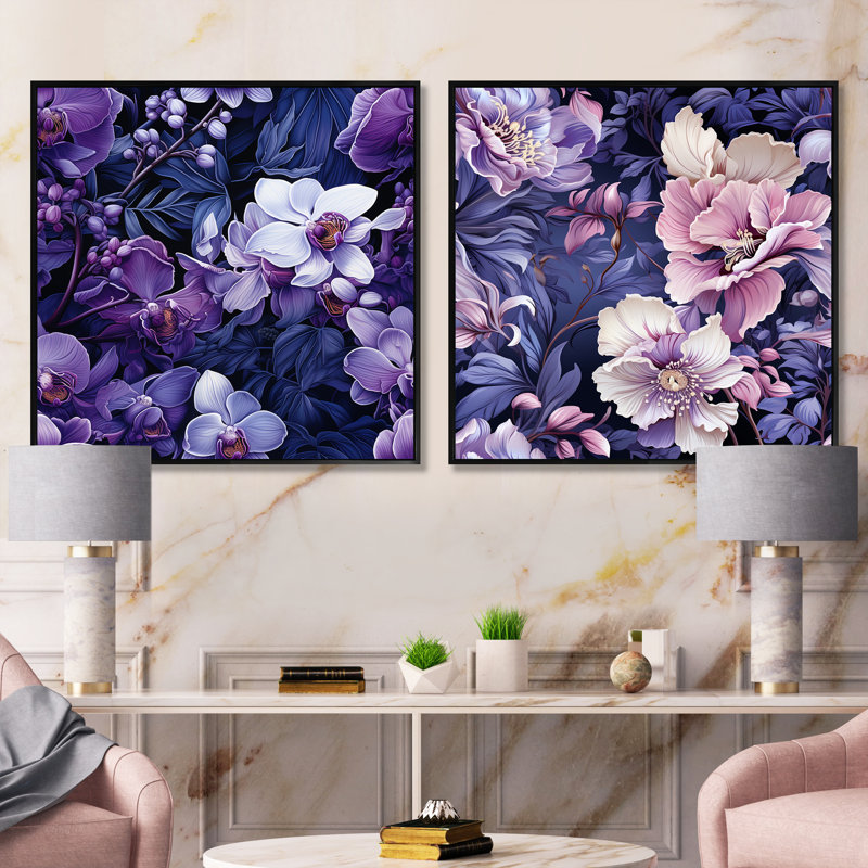 Clabern - Ensemble de 2 collages carrés floraux, Cadre flottant noir, H 30 po x l 61 po