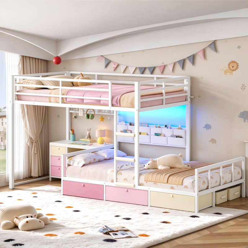 Lit superposé simple avec bureau et 6 tiroirs de rangement, lit mezzanine plateforme en métal avec éclairage DEL, chargeur et organisateur 10 poches, optimisation de l'espace, lit enfant décalé blanc et rose