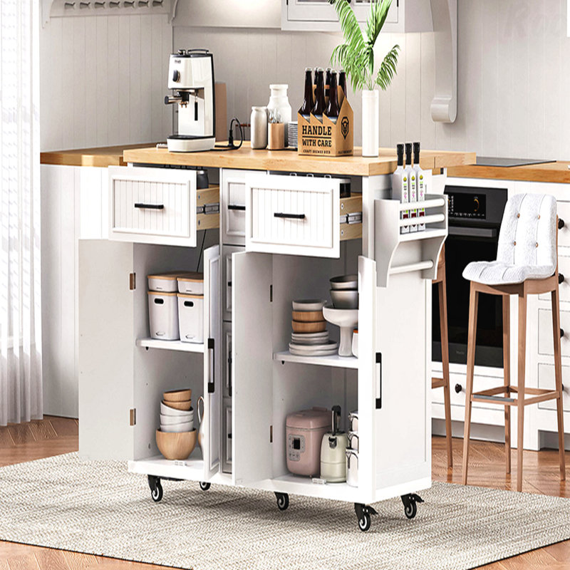 Îlot de cuisine 56,5 po avec rallonge, prise de courant, chariot de cuisine sur roulettes à rayures verticales en relief avec 4 portes, 5 tiroirs profonds et tablettes réglables, pour la cuisine, la salle à manger