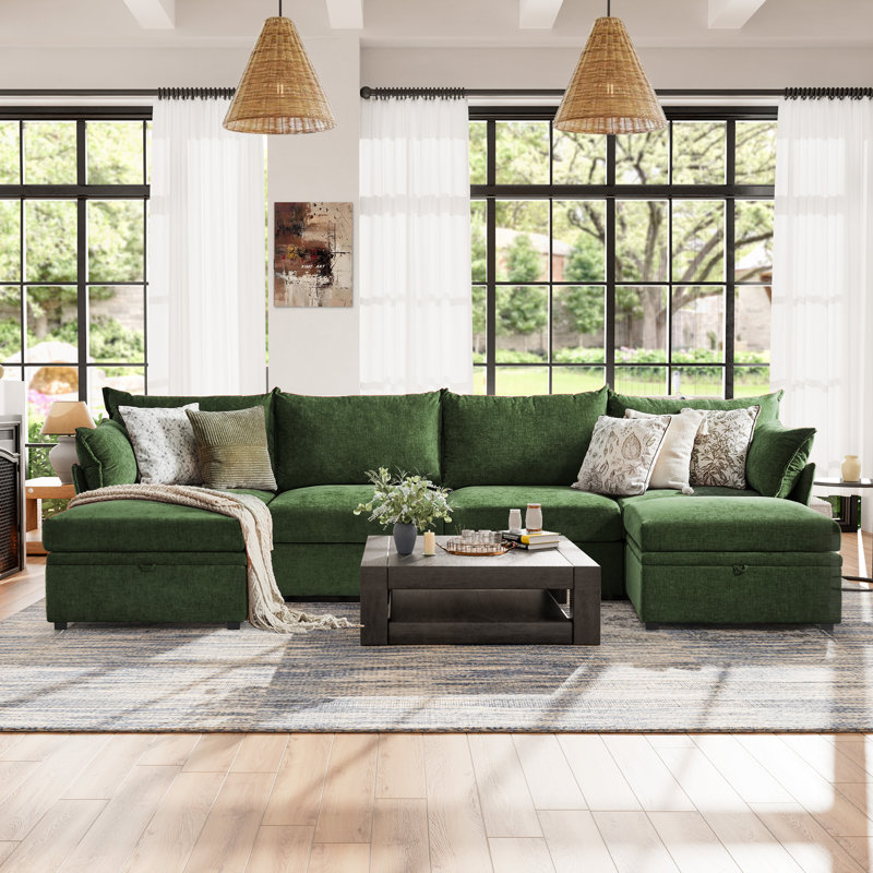 Petal Sofa Reversible Modern Modular Sectional Sofa with Storage Ottoman – Premium Fabric, Green, 37" H x 134.6" W x 67.5" D