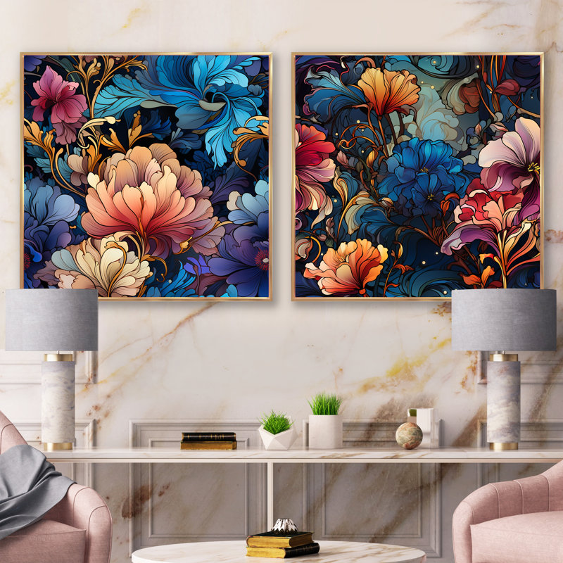 Kaleen - Ensemble de 2 collages floraux carrés, H 16 po x l 33 po, Cadre flottant doré
