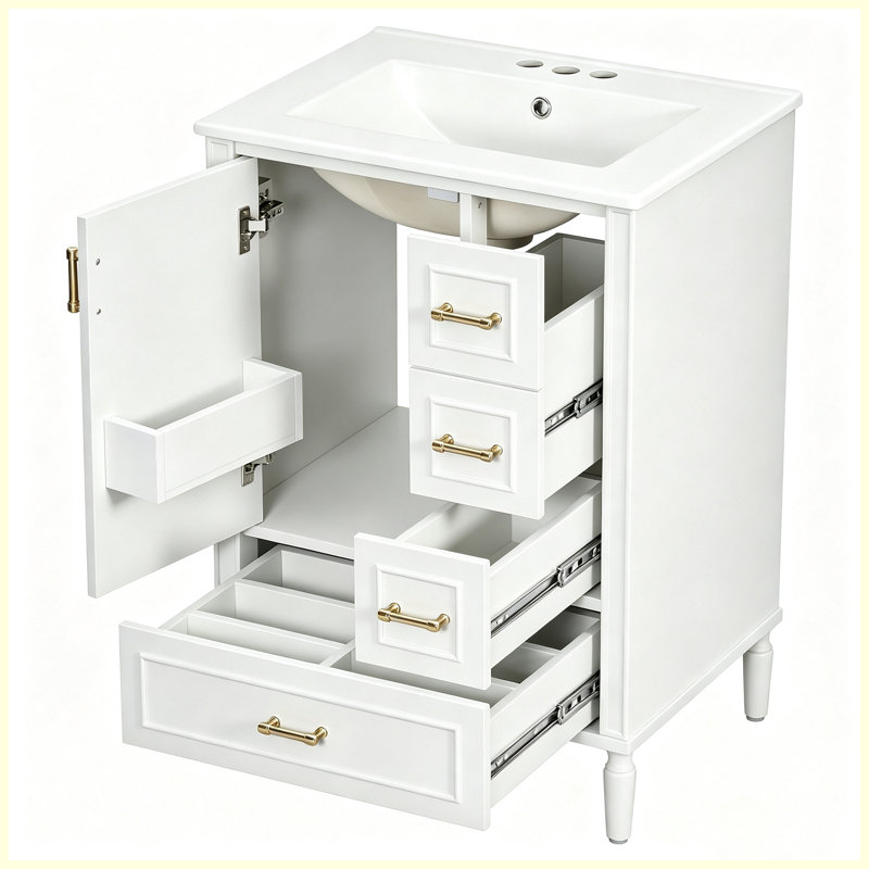 Meuble-lavabo moderne en céramique 24 po avec rangement à fermeture en douceur 24 po, Blanc