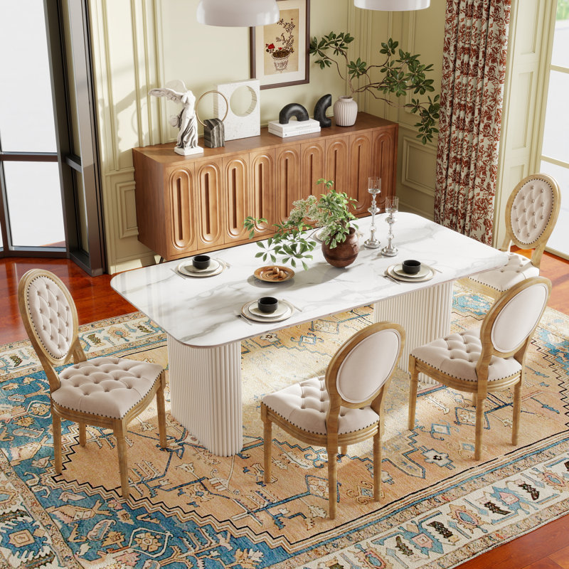 Chaise de salle à manger Mid-Century, Marbre blanc, Beige, 5 pièces: table, 4 chaises