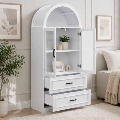 Modern Arched Top Storage Cabinet with Glass Doors and Drawers