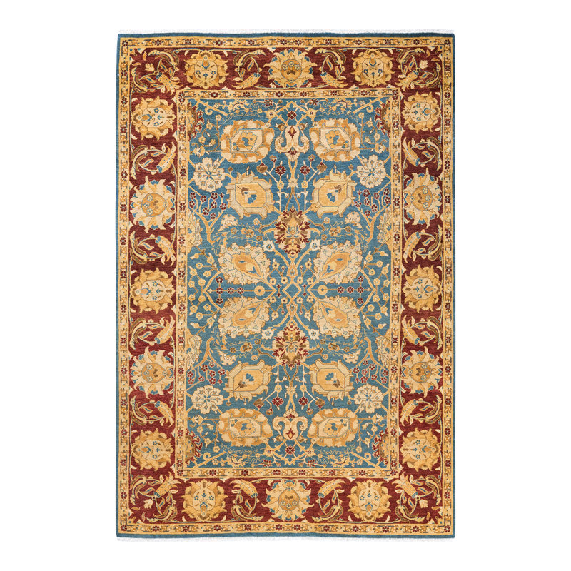 Tapis bleu / rouge noué à la main de conception unique 6 pi 1 po x 9 pi 1 po Slusser