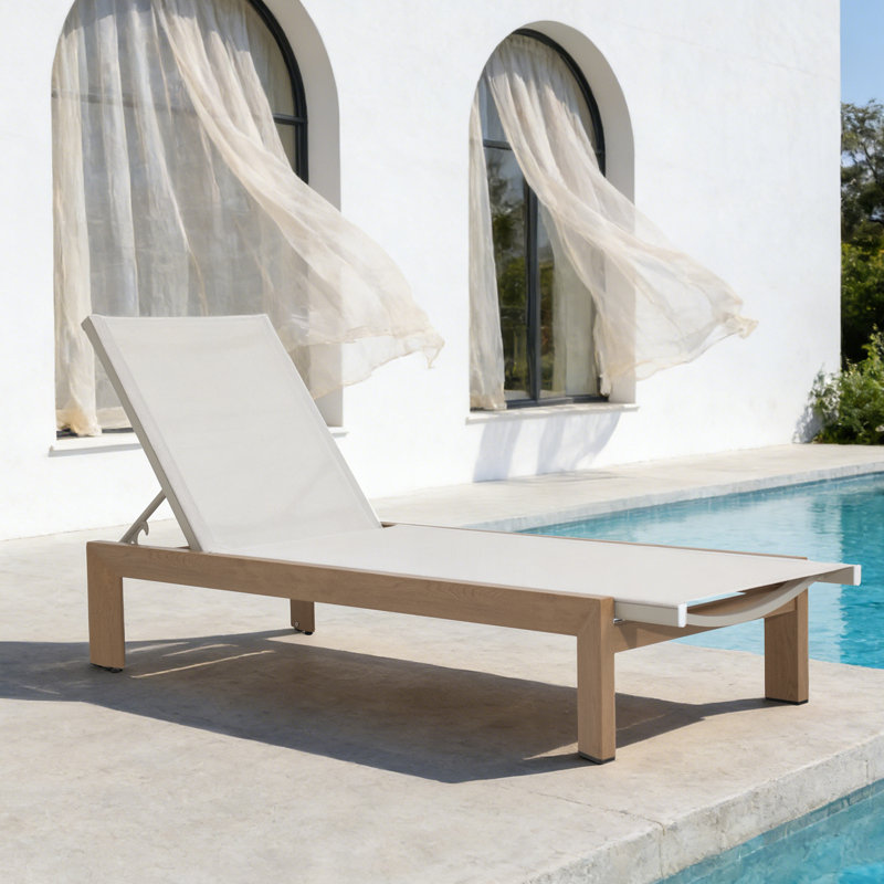 Quick-Assembly Outdoor Aluminum Chaise Lounge , Wood-Grain Veneer Chaise Lounge for Patio, Triangular Aluminum Tube Chaise Lounge (Only 1 Chair)