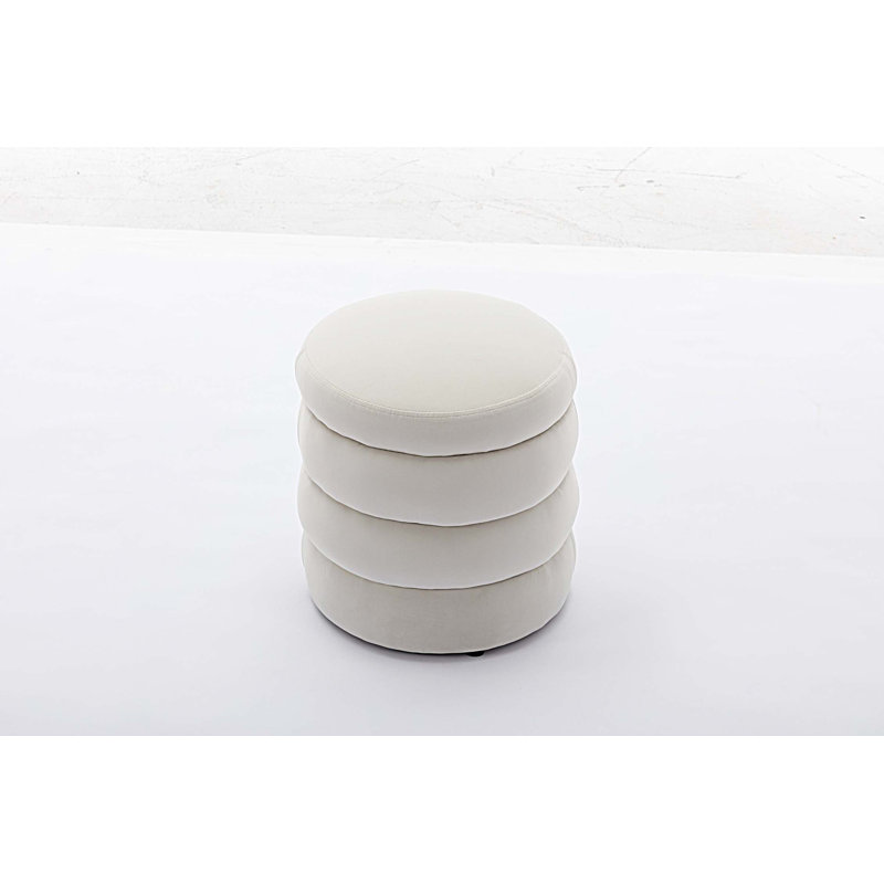 Soft Round Ottoman Footrest Stool, Ivory Velvet