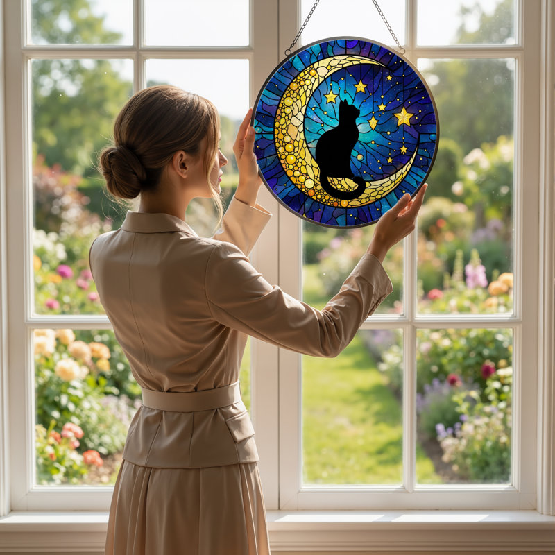 12"H Moon Cat Stained Glass Window Panel, 12" H x 12" W