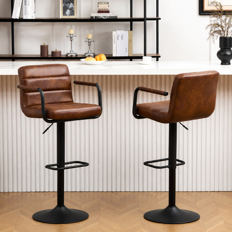 Faux Leather Adjustable Swivel Bar Stools with High Back (Set of 2), Yellowish Brown