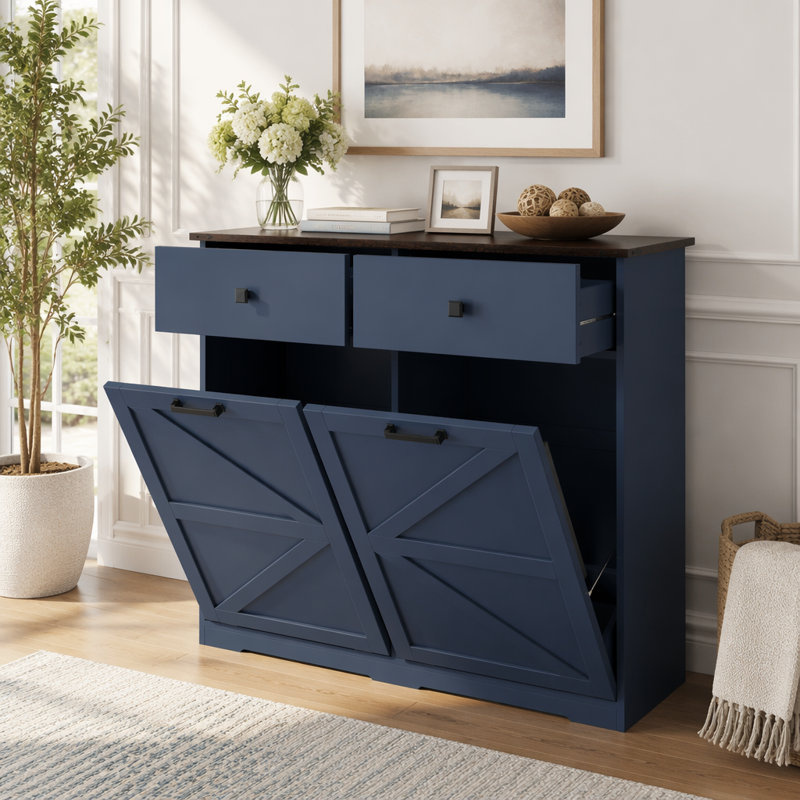 Armoire de tri de lessive, poubelle basculante, Bleu marine antique