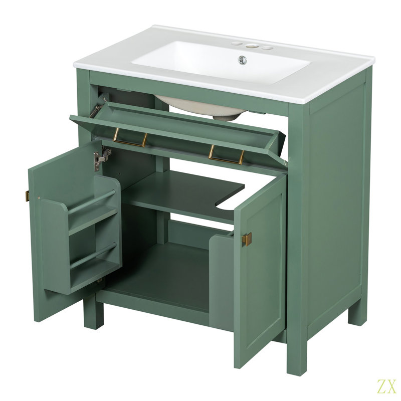 Meuble-lavabo de 30 pouces avec lavabo en céramique, armoire de salle de bain simple moderne avec 2 portes et une tablette, portes à fermeture en douceur