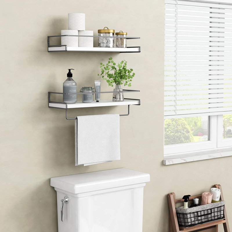 Floating Bathroom Shelves Wall Mounted, Modern Bathroom Organizer with Tower Bar,Set of 2, White/Gray
