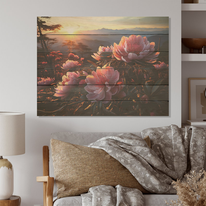 Pink Rhododendron Field Blooms At Sunset - Rhododendron Wood Art On Natural Pine Wood, 30" H x 40" W
