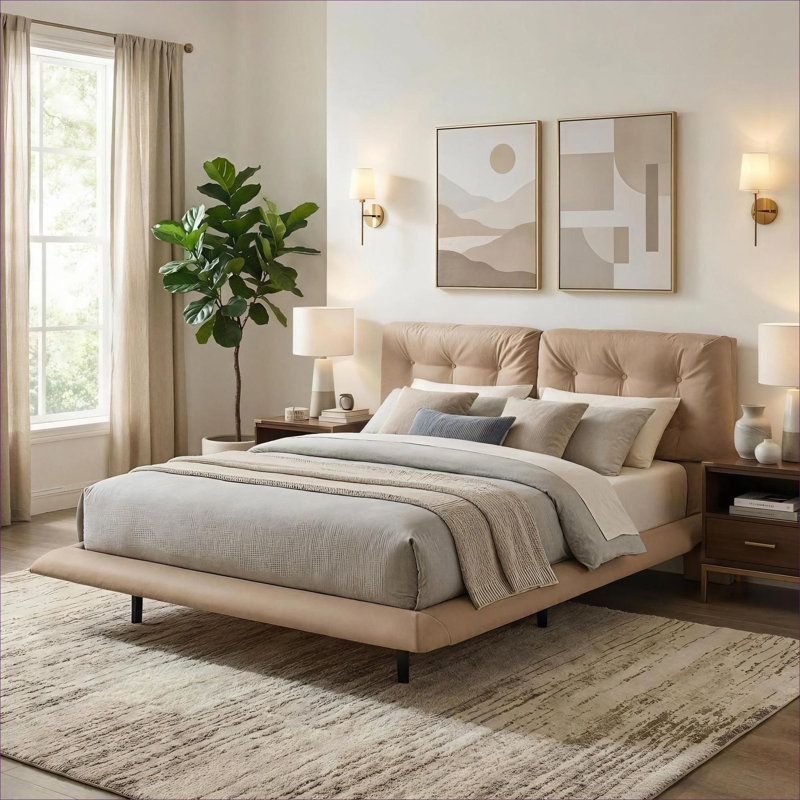 Grand lit plateforme flottant en cuir de polyuréthane beige chaud avec tête de lit capitonnée