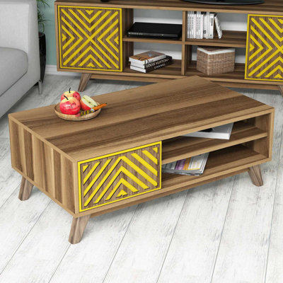 Modern Coffee Table with Numerous Shelves, Walnut & Yellow Color, 41.3 x 15.0 x 22.9 inches | 100% Melamine Coated Particle Board, Thickness: 0.7 inches | Stylish Geometric Design for Living Room & Lounge Spaces